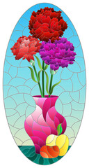 A stained glass illustration with still life, carnations in a vase and fruits on a blue background