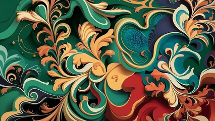 Abstract background with a mix of baroque and fauvism, green, dark red and blue colors