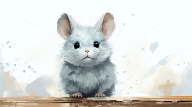 A cute watercolor painting of a chinchilla sitting on a wooden table.