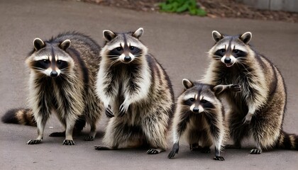 A Raccoon With A Group Of Other Raccoons Socializ - obrazy, fototapety, plakaty