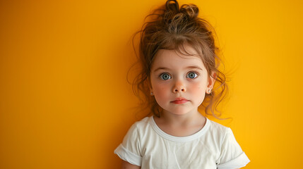 portrait of a cute little girl on a yellow background in the studio, space for text