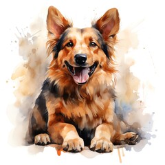 A watercolor painting of a happy dog with a big smile on its face.