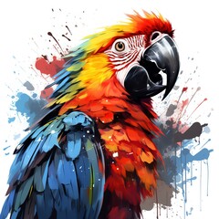 A watercolor painting of a parrot with bright red, yellow, blue, and green feathers.