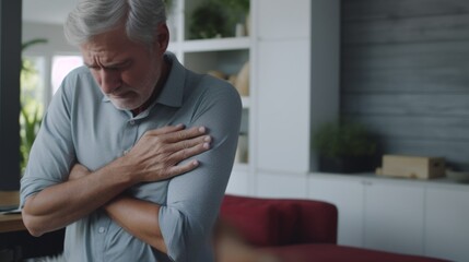Grey haired man touching chest, having heart attack, feeling pain, suffering from heartache disease at home, mature woman supporting, embracing him, middle aged family, horizontal banner, close up