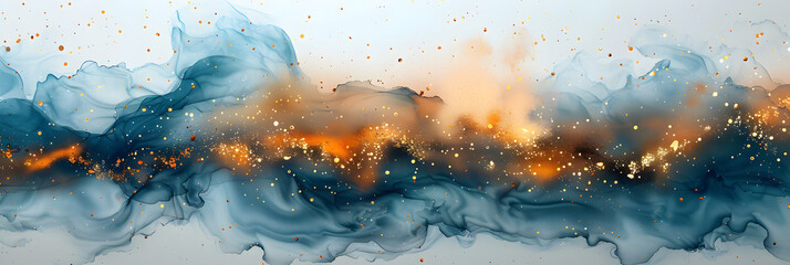 Teal and gold shimmering watercolor paint stain on transparent background.