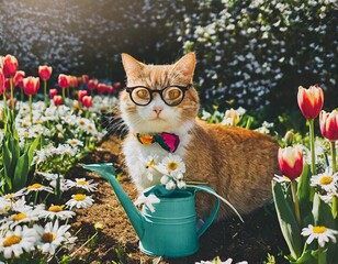 A cheerful ginger cat with a small, round glasses hanging around its neck, digging in a sunny flower garden - obrazy, fototapety, plakaty
