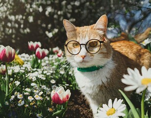 A cheerful ginger cat with a small, round glasses hanging around its neck, digging in a sunny flower garden - obrazy, fototapety, plakaty