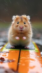 Joyful hamster surfing with positivity, adorable pet enjoying a ride on a surfboard