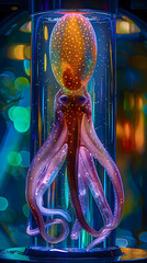 Underwater Splendor: An Enigmatic Squid in a Neon-lit Aquarium