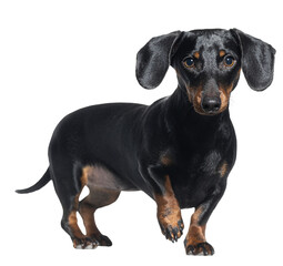 Black dachshund dog standing alert and looking at the camera on a clean white background