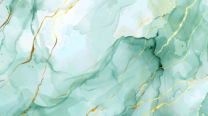 Abstract watercolor paint background illustration - Soft pastel green aquamarine color and golden...