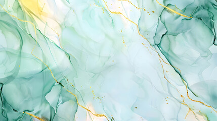 Abstract watercolor paint background illustration - Soft pastel green aquamarine color and golden lines marbled. Generative AI.