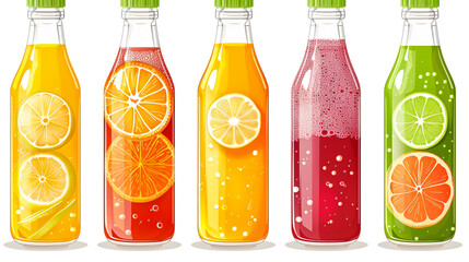 Colorful fruit juice bottles with fruit slices