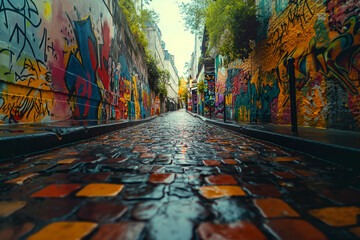Artistic composition of Olympic-inspired graffiti art on the walls of a Parisian alleyway.Graffiti on a cobblestone street in the city, forming a vibrant urban art scene