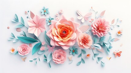 A Beautiful Arrangement of Pastel Paper Flowers and Butterflies