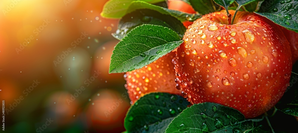 Poster macro close up of a fresh apple with dew on tree, ideal wide banner with copy space for text