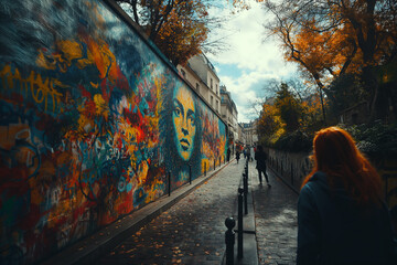 Close-up of Olympic-themed street art adorning the walls of Parisian neighborhoods .Woman strolling by art mural on city sidewalk under shaded trees