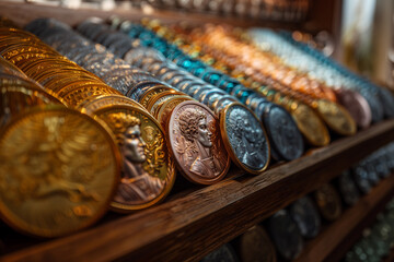 Detailed view of Olympic medals arranged in a podium display, symbolizing victory and achievement .Coins displayed on a wooden shelf for sale as body jewellery