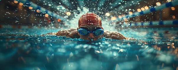 Dynamic image of a swimmer diving into the pool with determination and focus during a race. Header.  Swimmer enjoying underwater recreation in swimming pool with goggles and cap
