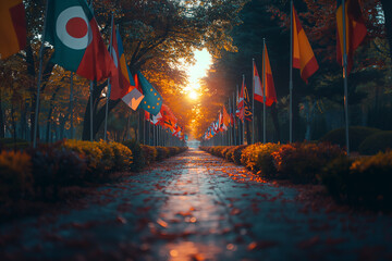 Flags of participating nations fluttering in the breeze, representing unity and diversity .Sunlight filters through trees, casting shadows on row of flags