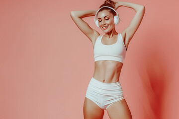 Obraz premium Happy caucasian girl with headphones enjoying zumba. Dancing fitness woman.