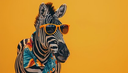 Fototapeta premium Trendy zebra in orange sunglasses and colorful hawaiian shirt, exuding style and charm