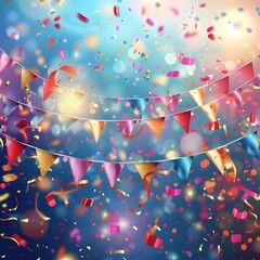 Colorful bunting and confetti against a blue background Festive decoration for parties and celebrations Vibrant and joyful atmosphere captured AI