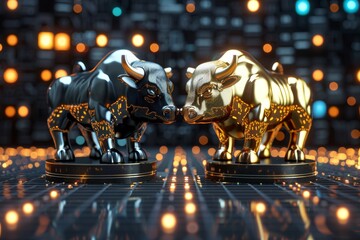 Gold and black financial infographic with bull and bear symbols for stock market analysis