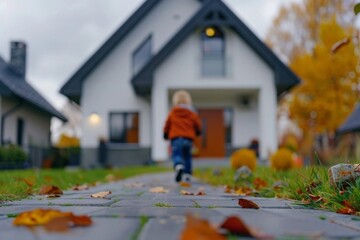 Child Running on Green Grass Towards New House - Playful Activity, Family Relocation, Real Estate - obrazy, fototapety, plakaty