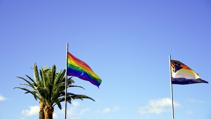 The Gay Bear flag and rainbow flag displayed on public streets during Gay Pride Month. Concept of...