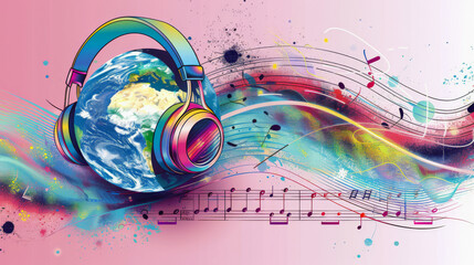 Earth planet with headphones and music notes on pink background. World Music Day concept.