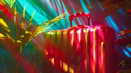 A vibrant red suitcase bathed in the colorful shadows of tropical foliage in a bright setting.