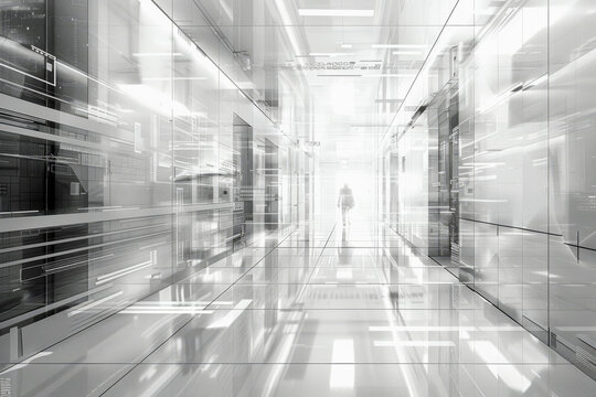 White large empty room with a person walking in the center with a motion effect.