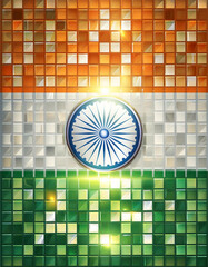 the Indian flag as a stunning glass mosaic, with each piece reflecting light differently, and embed 