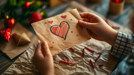 Child Holding Handmade Card with Red Heart Drawing, Creative Artwork Made with Crayons, Symbol of Love, Family and Holiday Warmth