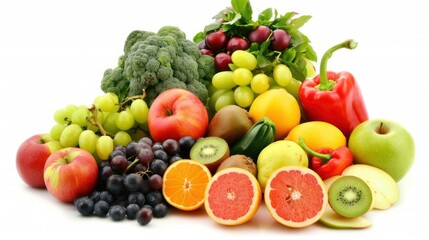 photo of various fresh vegetables and fruits in white background