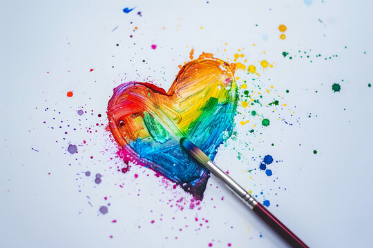 Paintbrush and rainbow colored heart shaped painting on the canvas