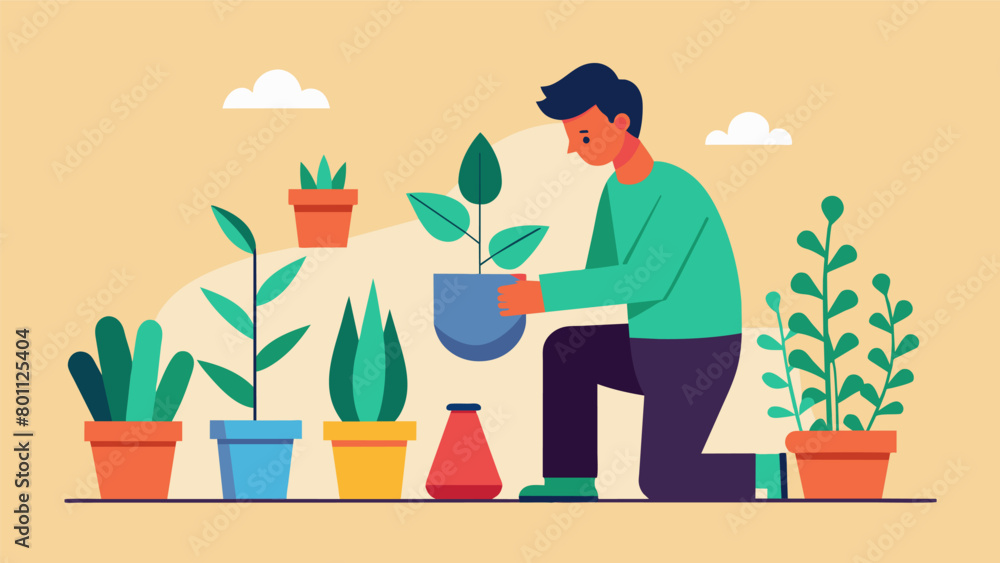 Poster with a soft hum the man harmoniously arranges pots and plants creating a serene and welcoming space.