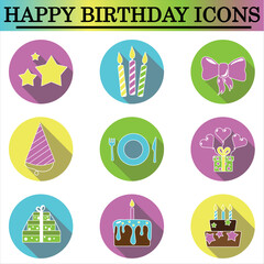 Set of birthday flat icons with shadow on the white background. Celebration icons. Isolated vector.