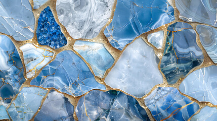  blue marble agate granite mosaic with golden veins Mosaic marble background. Generative AI.