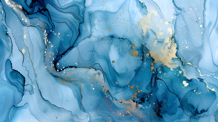 Blue watercolor marble with gold glitter marble background. Generative AI.