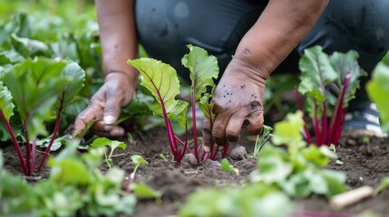 Fototapeta premium In the community garden, the African American woman carefully inspects the beets, her hands deftly pulling them out of the soil, removing any debris.
