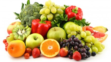 photo of various fresh vegetables and fruits in white background