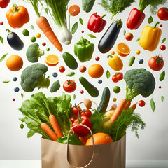 Vegetables that are fresh dropping into the paper bag. fruits and veggies on white. supermarket notion of food shopping.