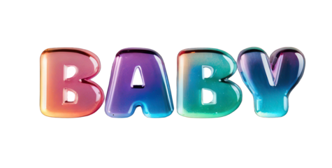 PNG volumetric element on a transparent background, inscription baby. 3D chrome glass, holographic iridescent illustration in Y2K style, neon glitter.