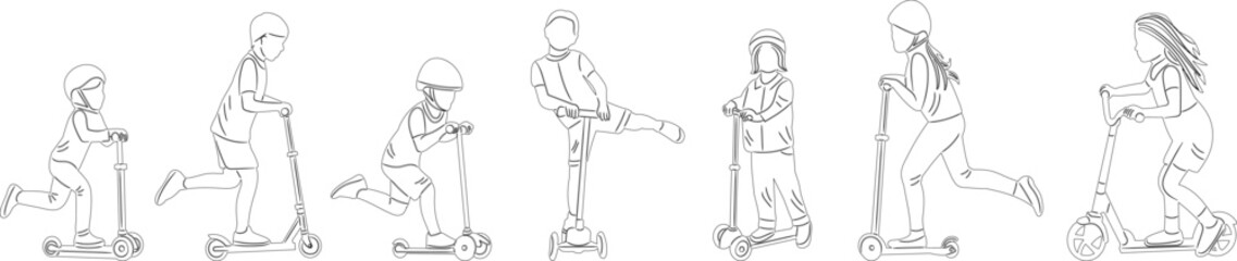 children riding scooters sketch on white background vector