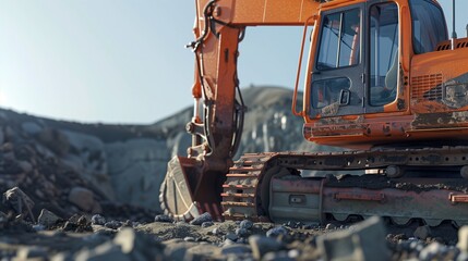 close up shot of heavy organge excavator with shovel standing on hill with rocks