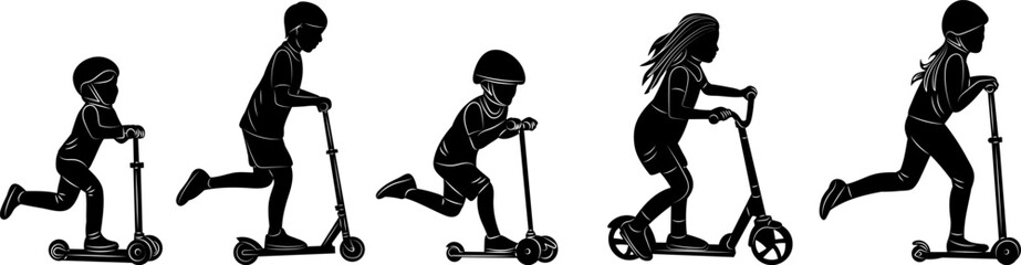 children riding scooters silhouette set on white background vector