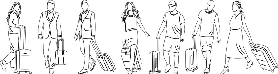 people walking with suitcases sketch on white background vector