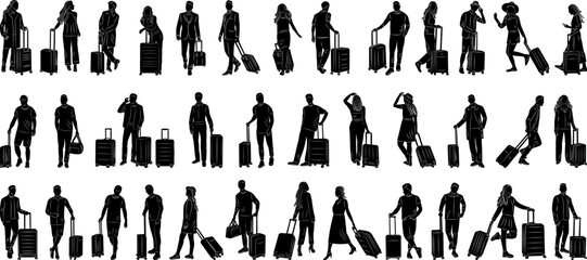 people with suitcases silhouette set on white background vector